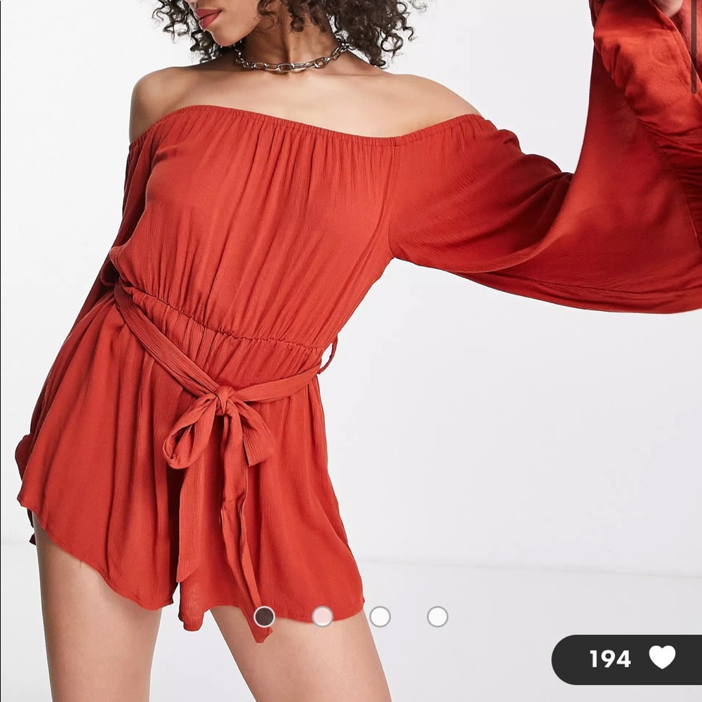 Missguided bardot crinkle viscose playsuit in rust